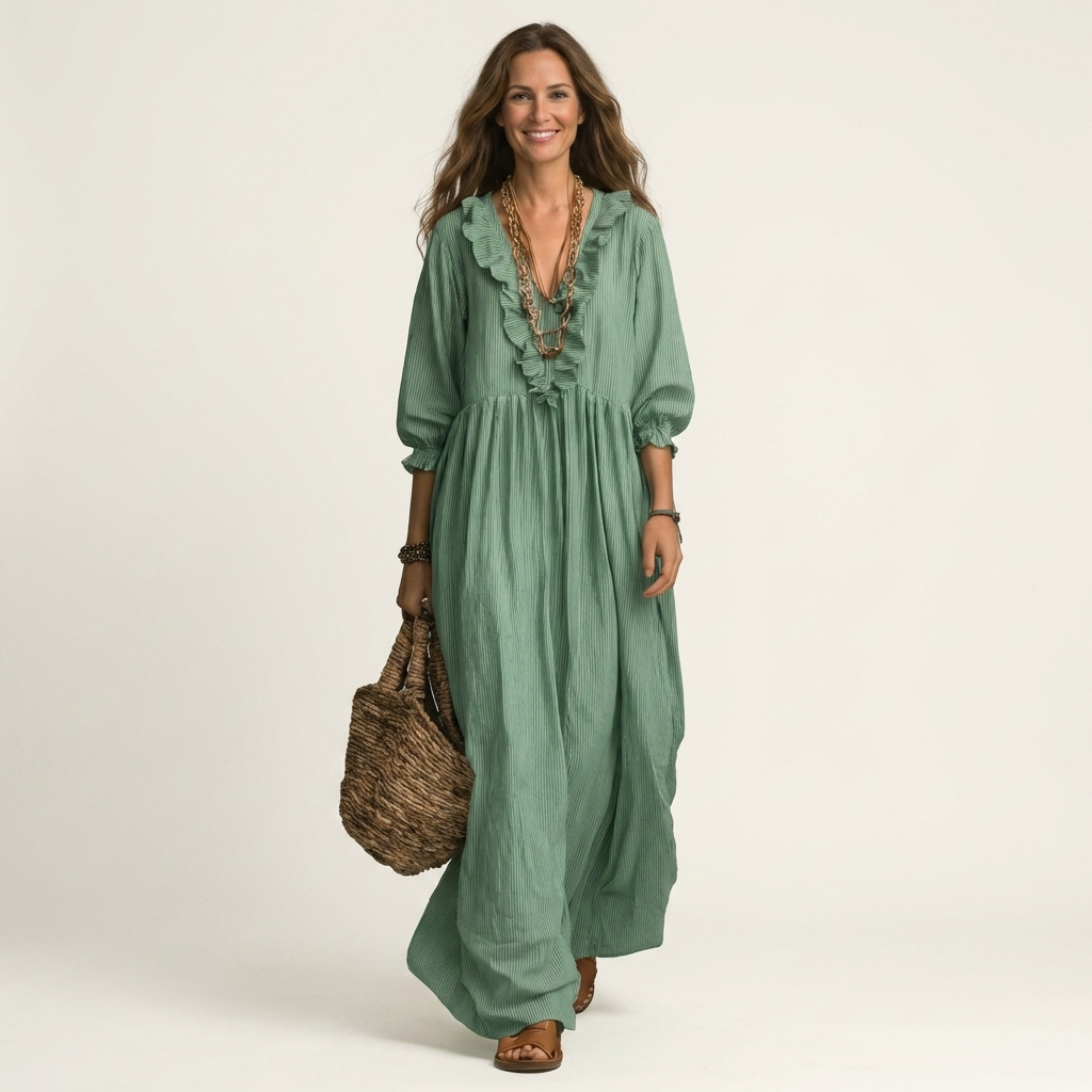 Yosetta | Maxi Dress a Righe con Scollo a V Ruffle e Maniche a Lanterna