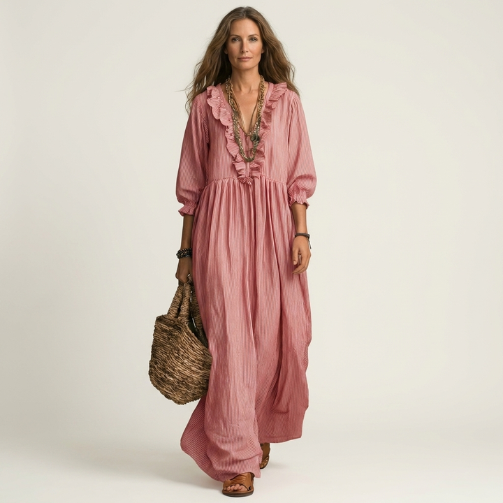 Yosetta | Maxi Dress a Righe con Scollo a V Ruffle e Maniche a Lanterna