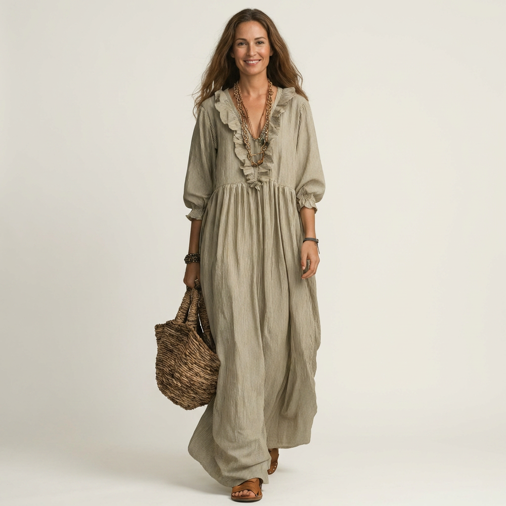 Yosetta | Maxi Dress a Righe con Scollo a V Ruffle e Maniche a Lanterna
