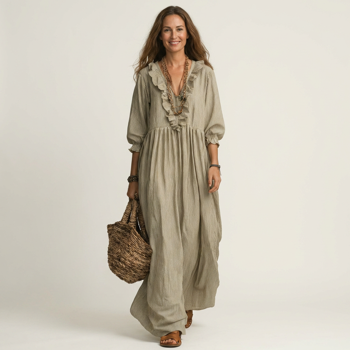 Yosetta | Maxi Dress a Righe con Scollo a V Ruffle e Maniche a Lanterna