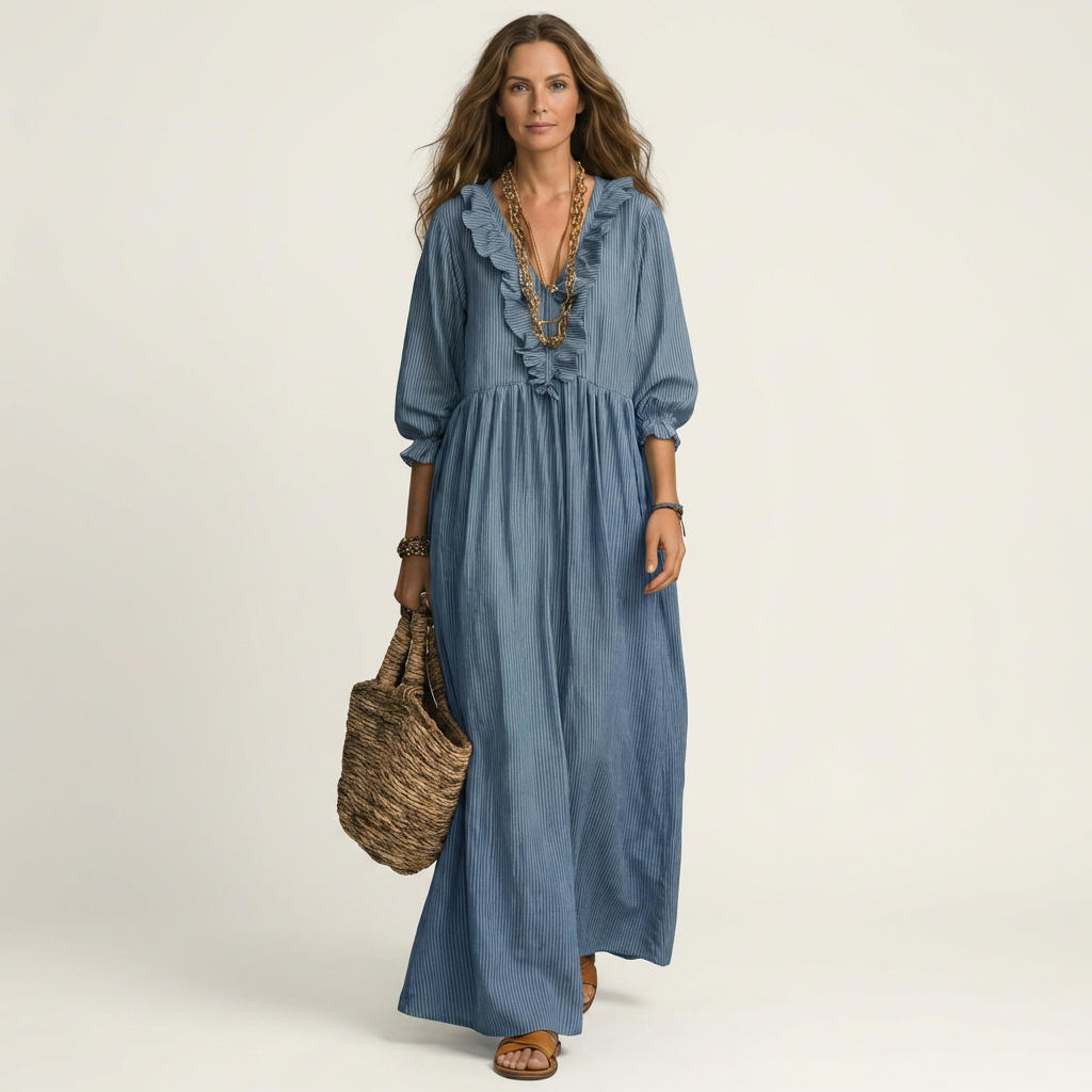 Yosetta | Maxi Dress a Righe con Scollo a V Ruffle e Maniche a Lanterna