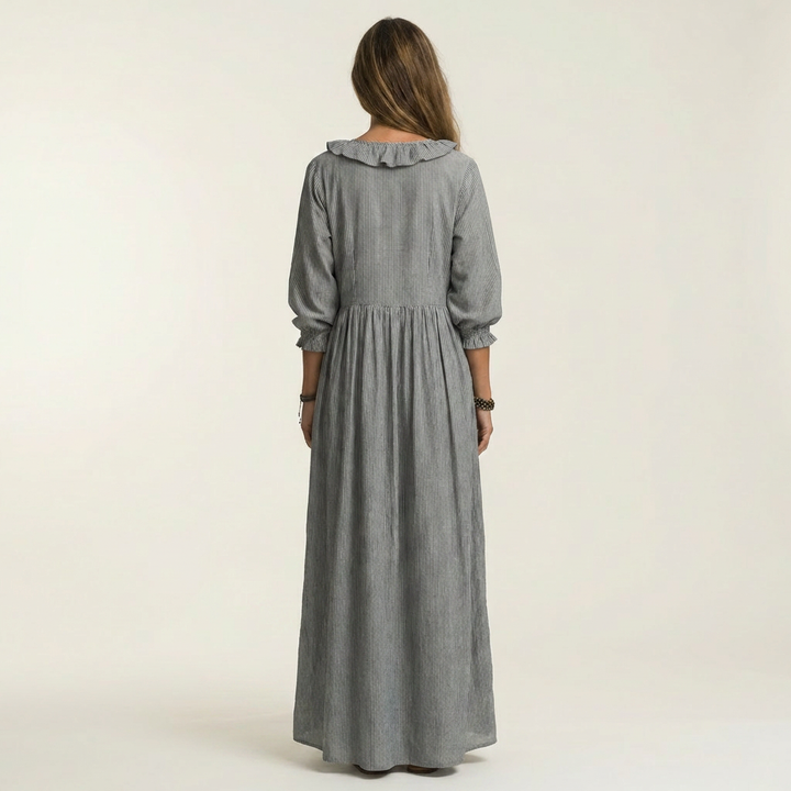 Yosetta | Maxi Dress a Righe con Scollo a V Ruffle e Maniche a Lanterna