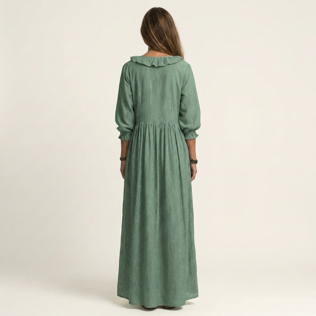 Yosetta | Maxi Dress a Righe con Scollo a V Ruffle e Maniche a Lanterna