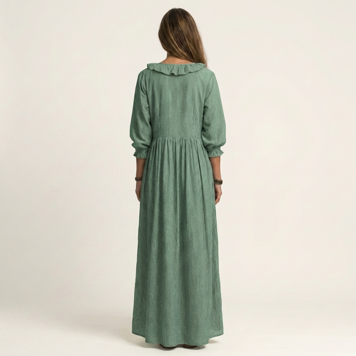 Yosetta | Maxi Dress a Righe con Scollo a V Ruffle e Maniche a Lanterna