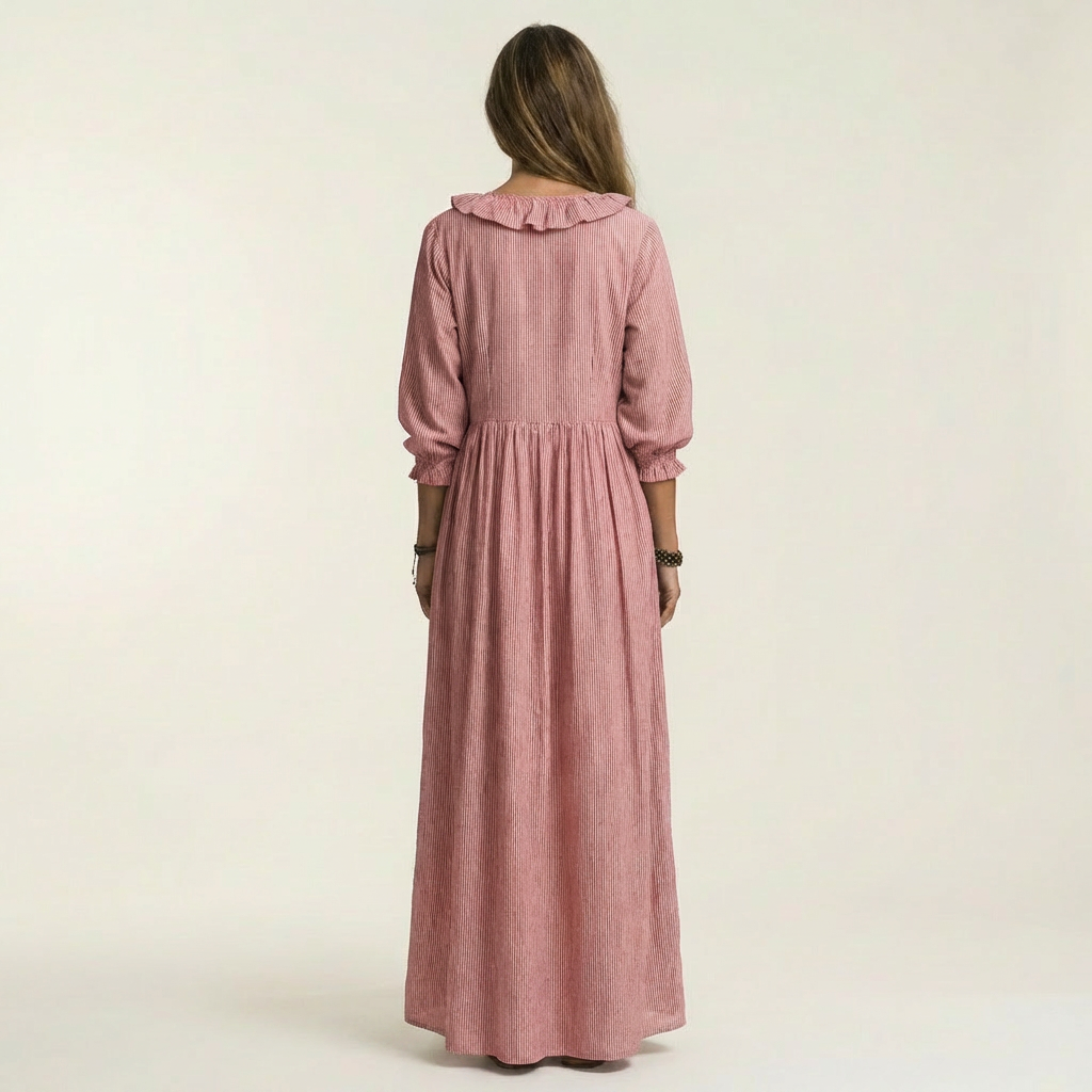 Yosetta | Maxi Dress a Righe con Scollo a V Ruffle e Maniche a Lanterna