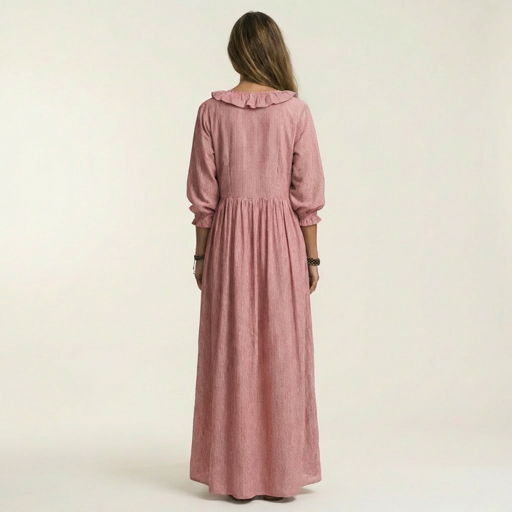 Yosetta | Maxi Dress a Righe con Scollo a V Ruffle e Maniche a Lanterna