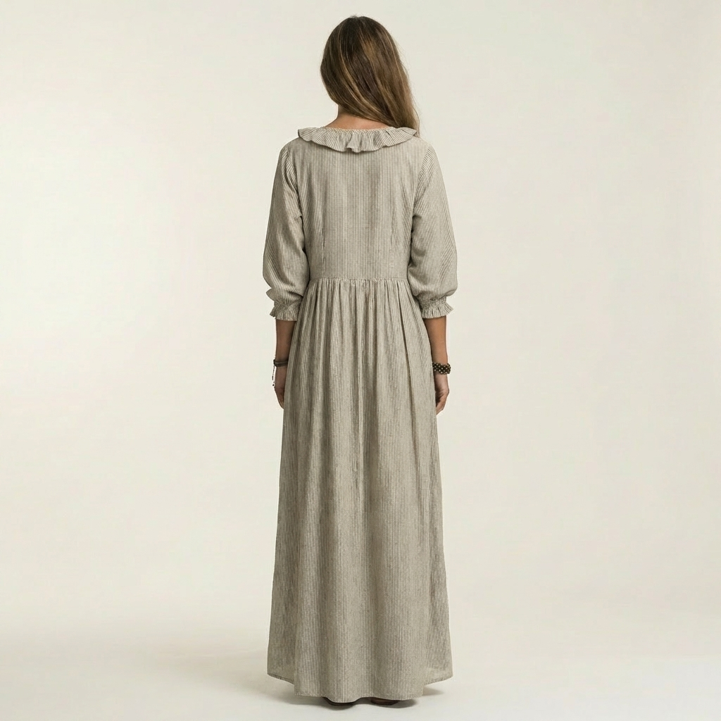 Yosetta | Maxi Dress a Righe con Scollo a V Ruffle e Maniche a Lanterna