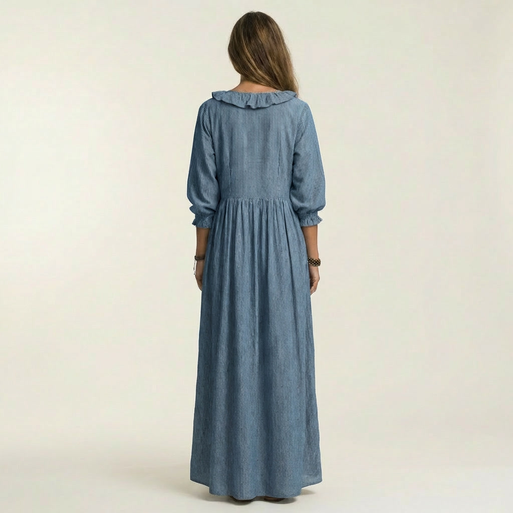 Yosetta | Maxi Dress a Righe con Scollo a V Ruffle e Maniche a Lanterna