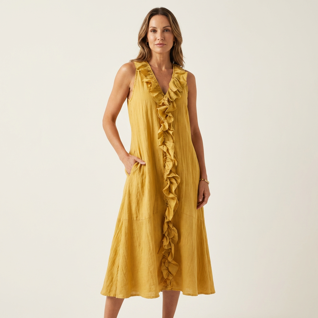 Vicky | Abito Maxi in Lino Senza Maniche con Ruches Frontali