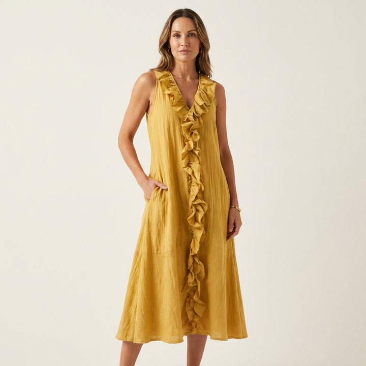 Vicky | Abito Maxi in Lino Senza Maniche con Ruches Frontali
