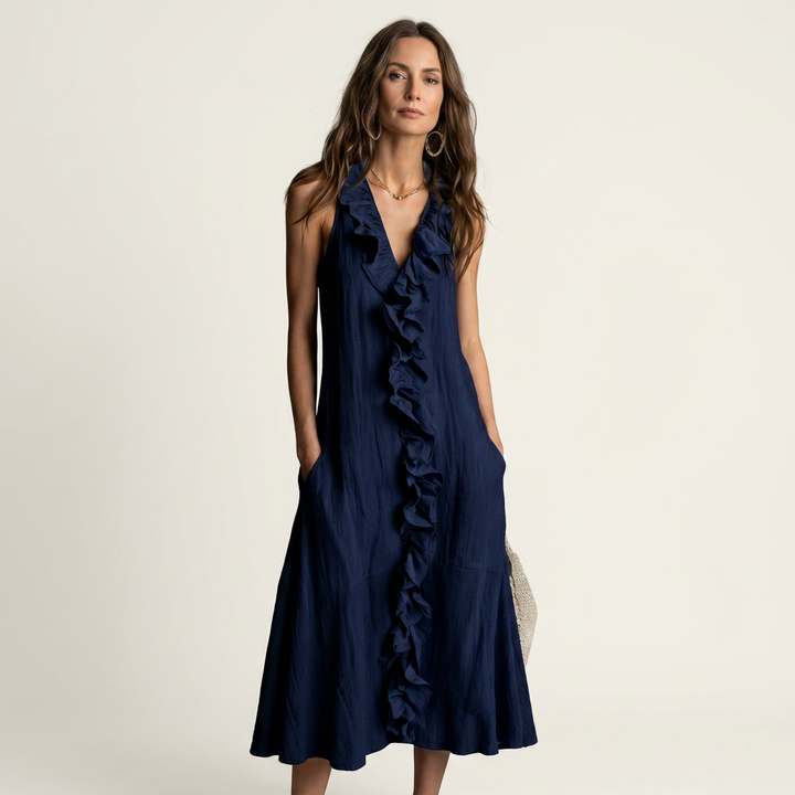Vicky | Abito Maxi in Lino Senza Maniche con Ruches Frontali