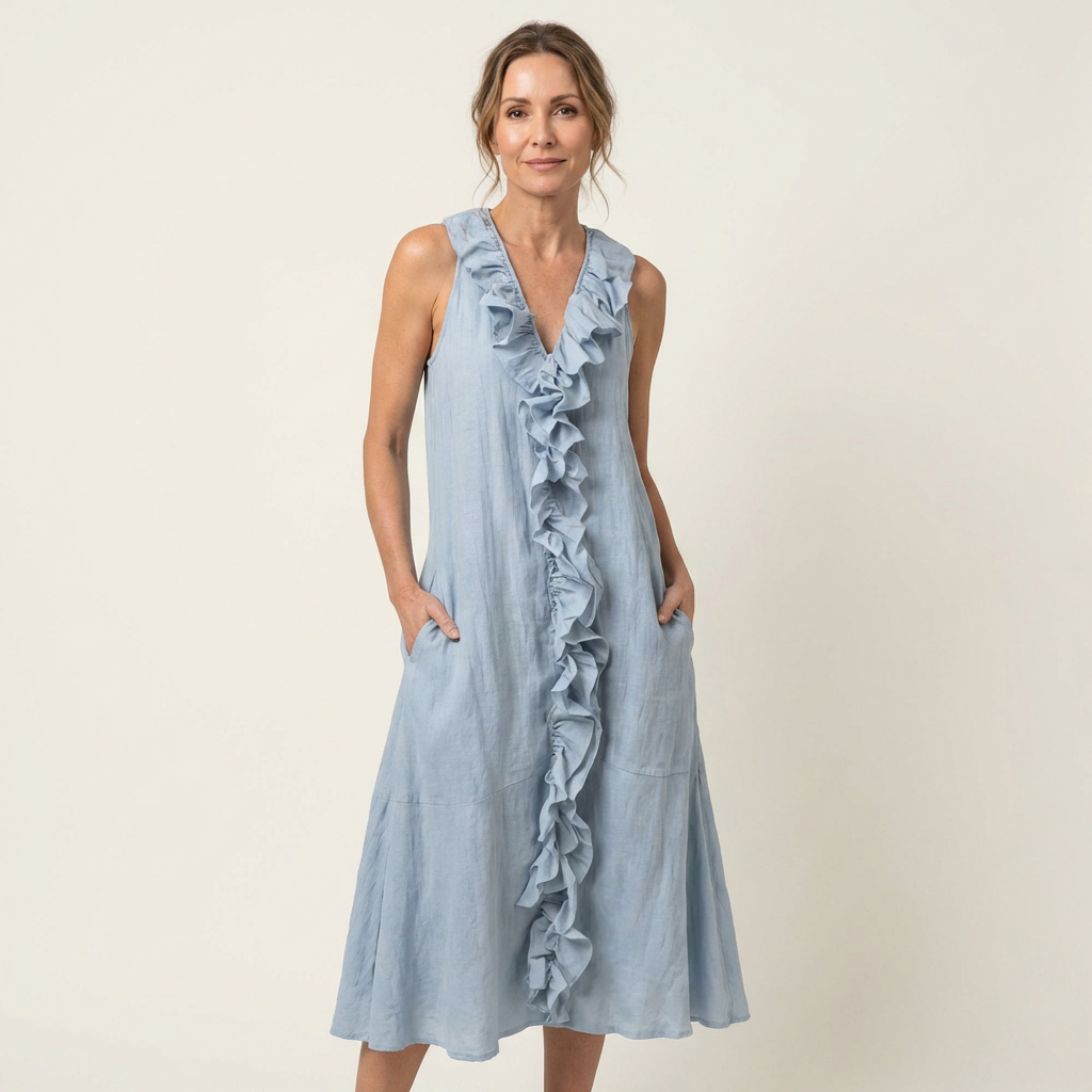 Vicky | Abito Maxi in Lino Senza Maniche con Ruches Frontali