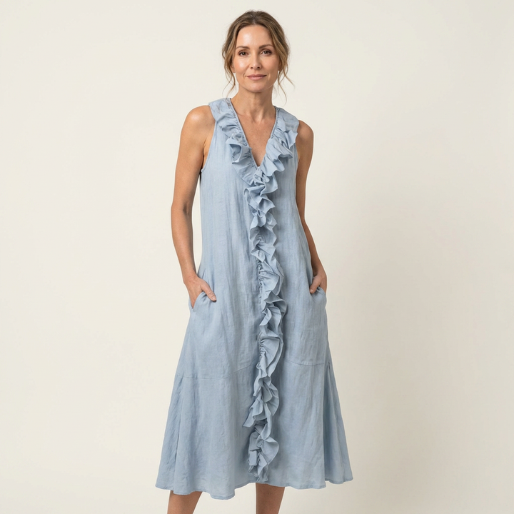 Vicky | Abito Maxi in Lino Senza Maniche con Ruches Frontali