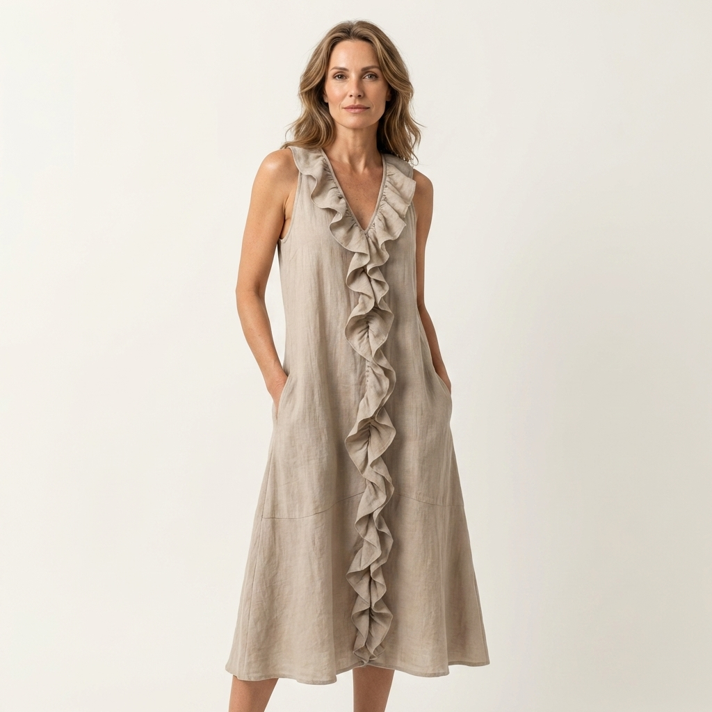 Vicky | Abito Maxi in Lino Senza Maniche con Ruches Frontali