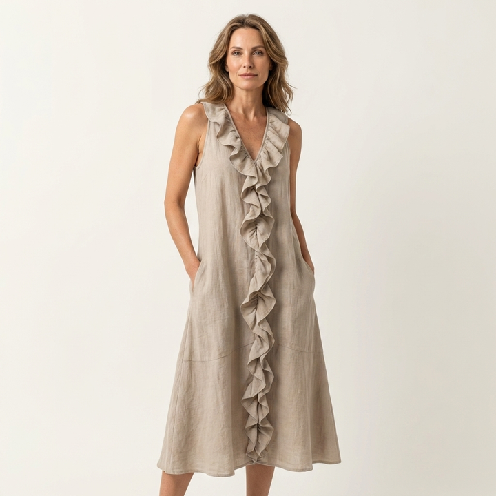 Vicky | Abito Maxi in Lino Senza Maniche con Ruches Frontali