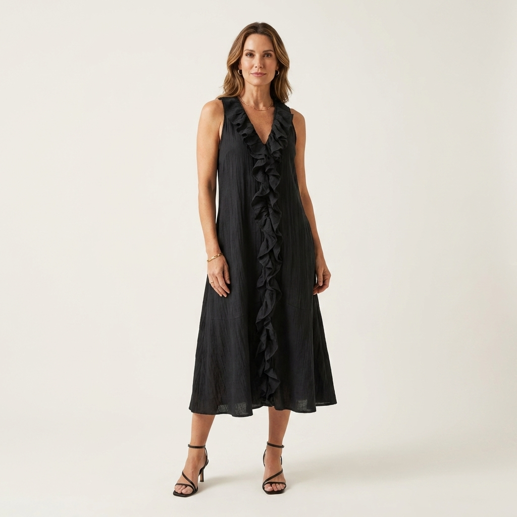 Vicky | Abito Maxi in Lino Senza Maniche con Ruches Frontali