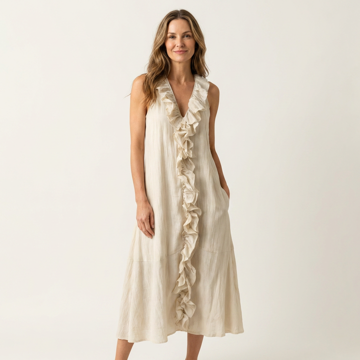 Vicky | Abito Maxi in Lino Senza Maniche con Ruches Frontali