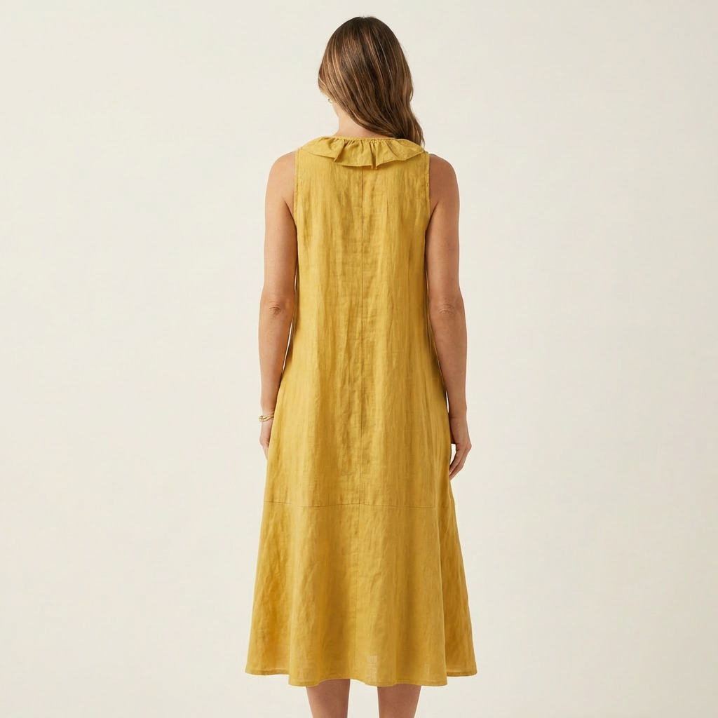 Vicky | Abito Maxi in Lino Senza Maniche con Ruches Frontali