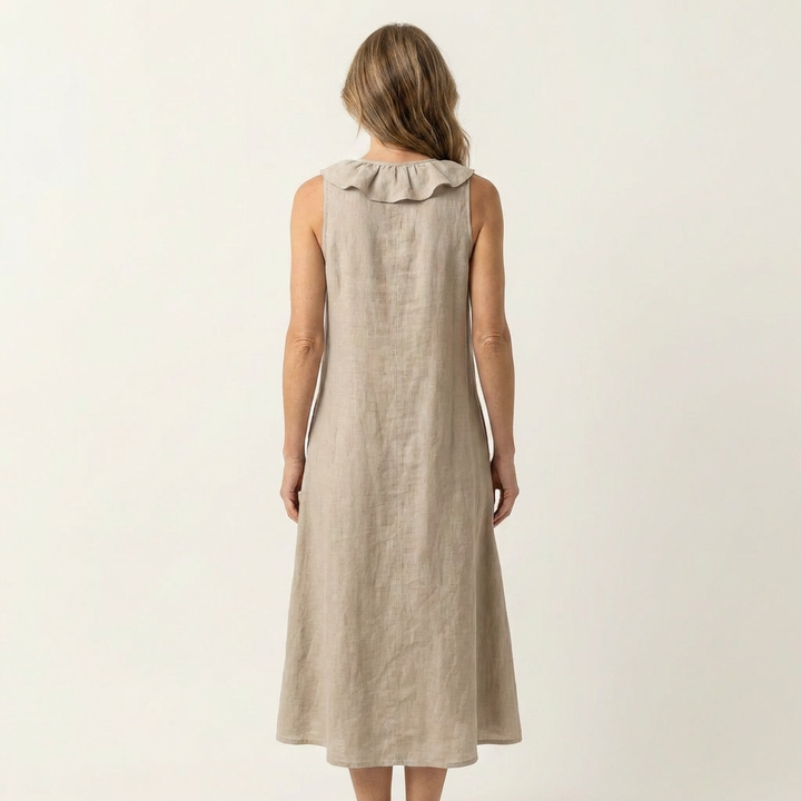 Vicky | Abito Maxi in Lino Senza Maniche con Ruches Frontali