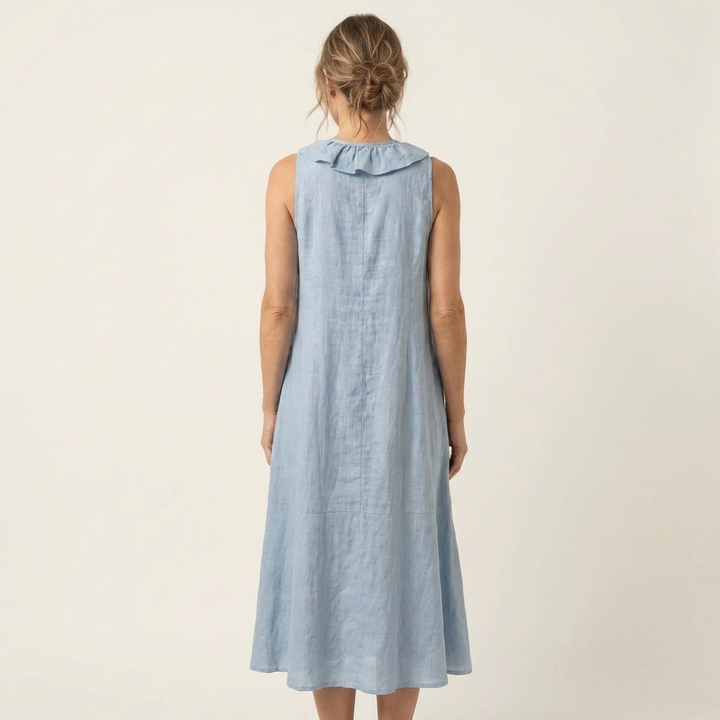 Vicky | Abito Maxi in Lino Senza Maniche con Ruches Frontali