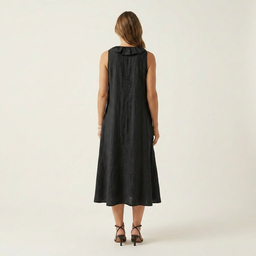 Vicky | Abito Maxi in Lino Senza Maniche con Ruches Frontali