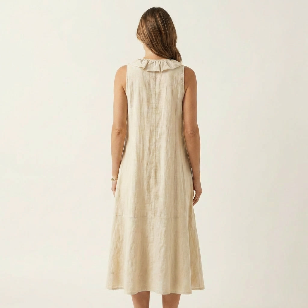 Vicky | Abito Maxi in Lino Senza Maniche con Ruches Frontali