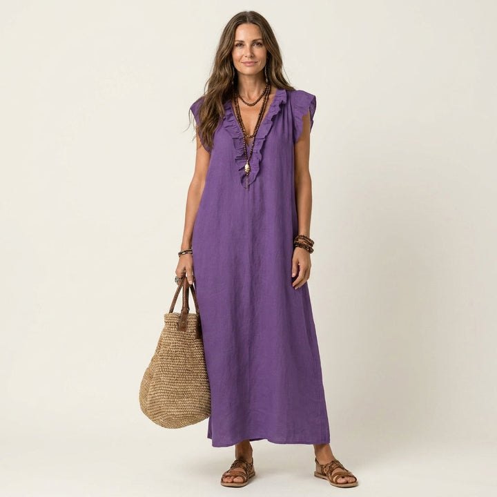 Josette | Abito Maxi in Lino con Volant e Scollatura a V