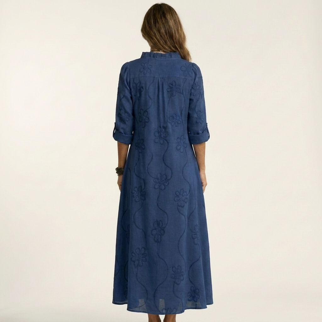 Mariam | Abito Maxi in Cotone-Lino con Ricamo Floreale Tonale