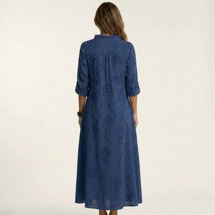 Mariam | Abito Maxi in Cotone-Lino con Ricamo Floreale Tonale