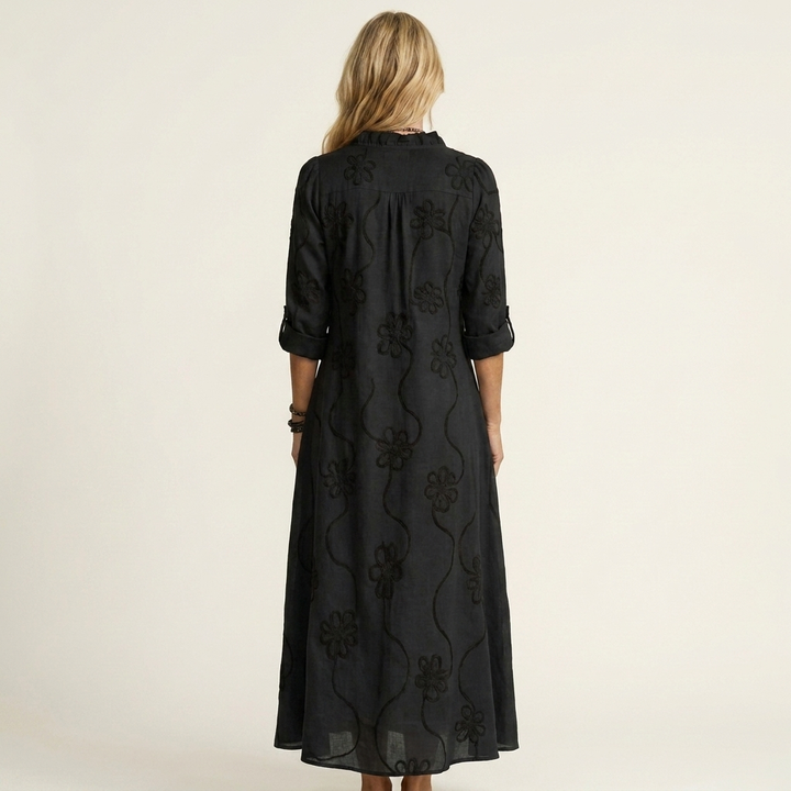 Mariam | Abito Maxi in Cotone-Lino con Ricamo Floreale Tonale