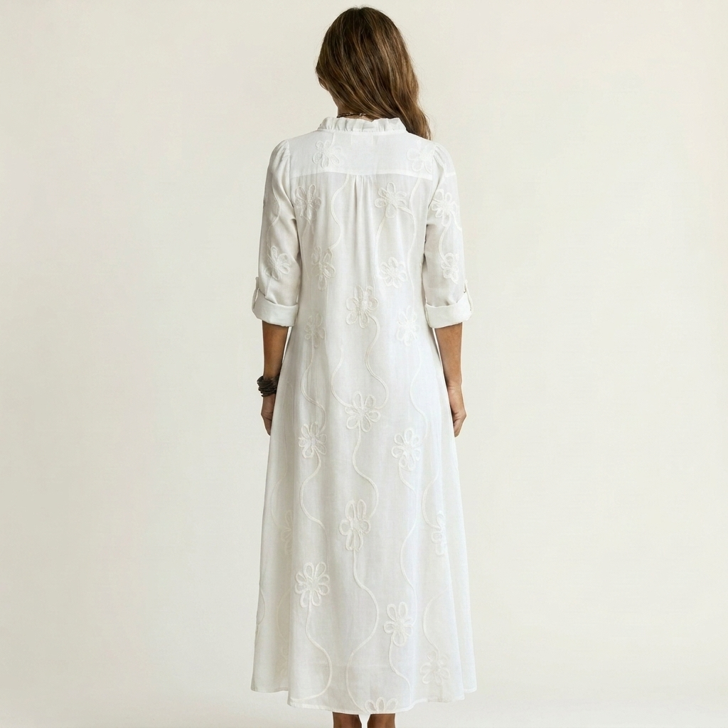 Mariam | Abito Maxi in Cotone-Lino con Ricamo Floreale Tonale