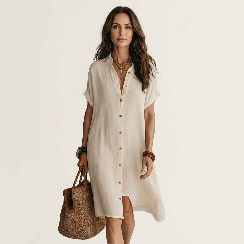 Nidalie | Abito Camicia Midi in Cotone-Lino con Maniche Arrotolate