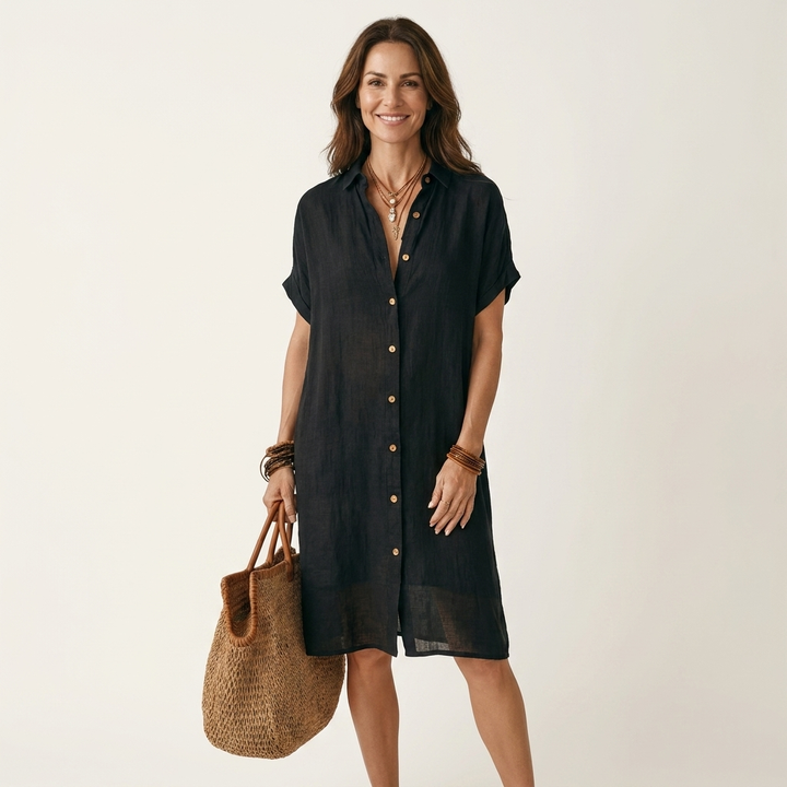 Nidalie | Abito Camicia Midi in Cotone-Lino con Maniche Arrotolate