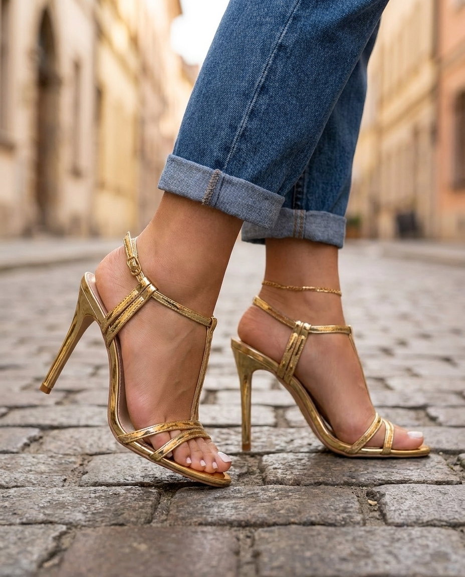 Vivienne | Tacchi Stiletto T-Strap Metallici Oro