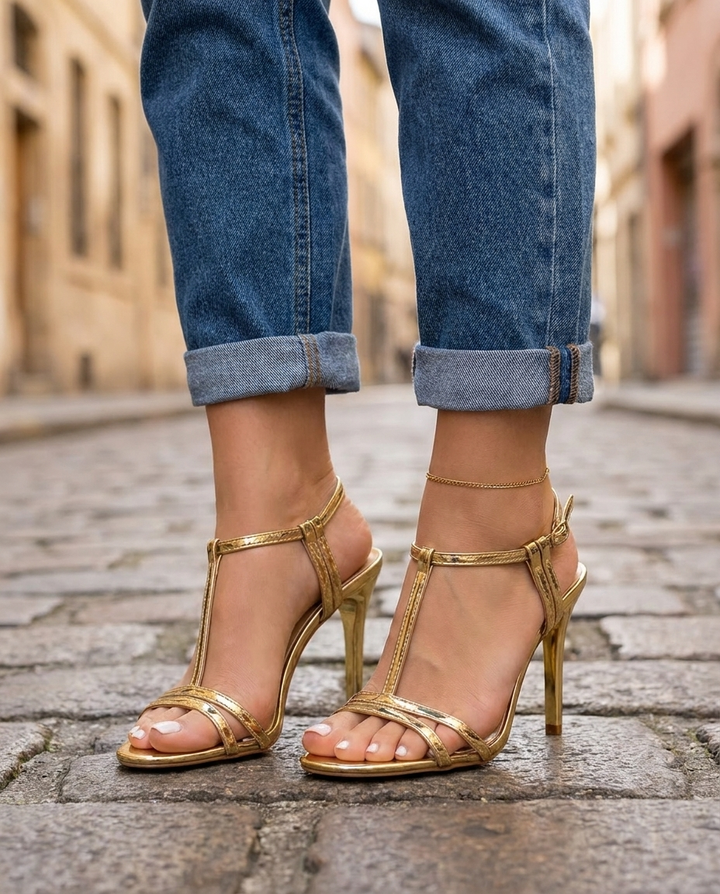 Vivienne | Tacchi Stiletto T-Strap Metallici Oro