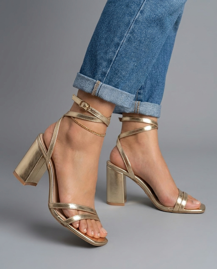 Sofia | Sandali con Tacco Blocco Metallico Oro
