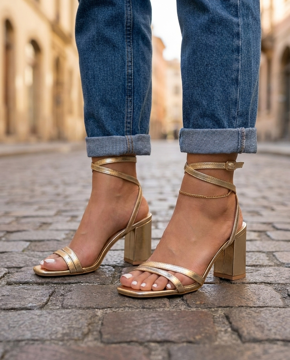 Sofia | Sandali con Tacco Blocco Metallico Oro