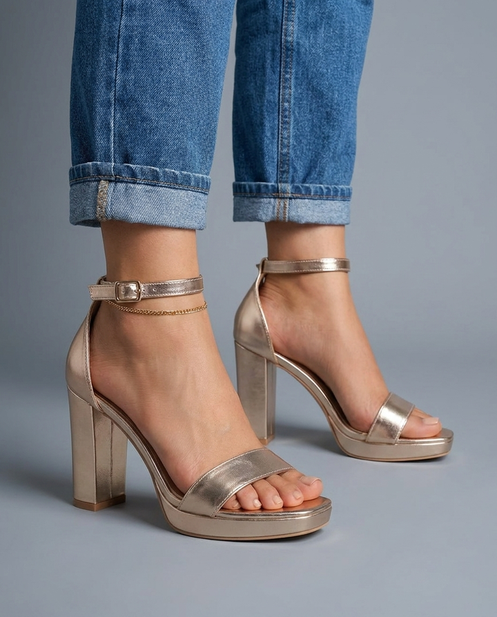 Giselle | Sandali con Tacco Blocco Metallico Oro