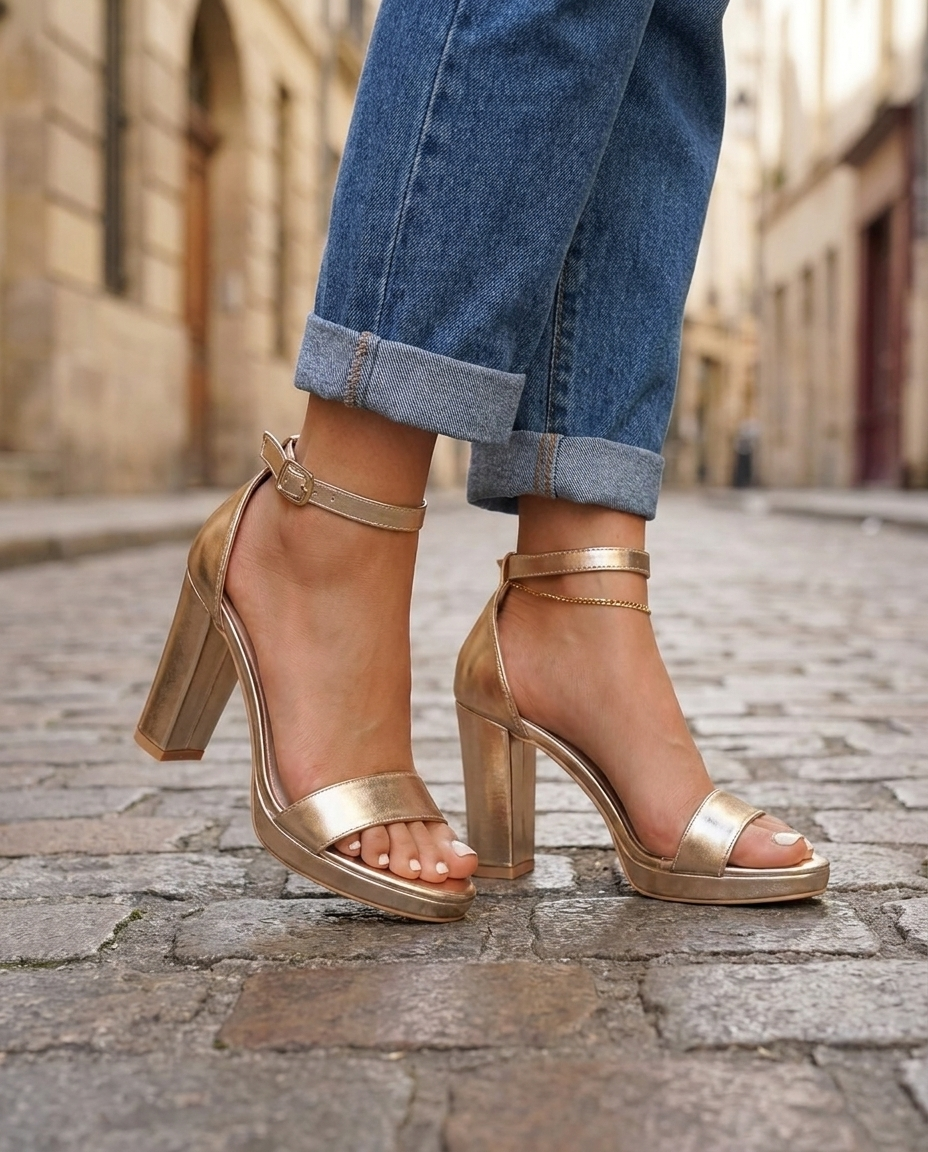 Giselle | Sandali con Tacco Blocco Metallico Oro