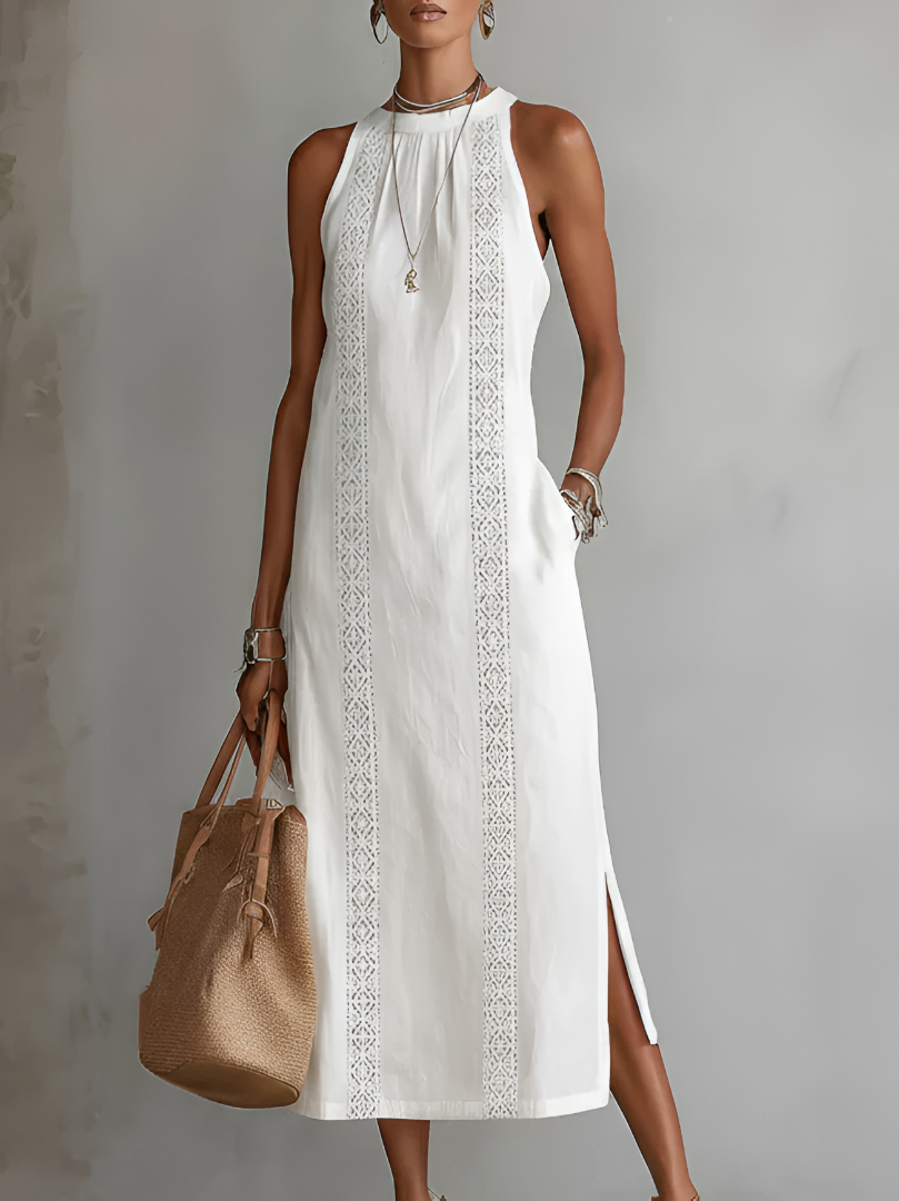 Jimena | Abito midi in lino con collo alla Mao