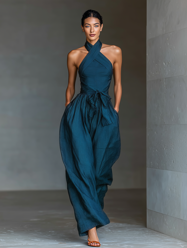 Solène - Salopette Incrociata con Spalline in Lino Blu Marino