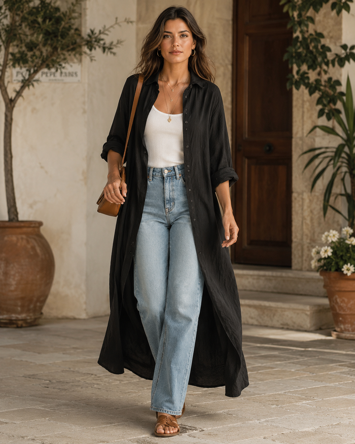 Abito Maxi Bohemien con Bottoni Neri