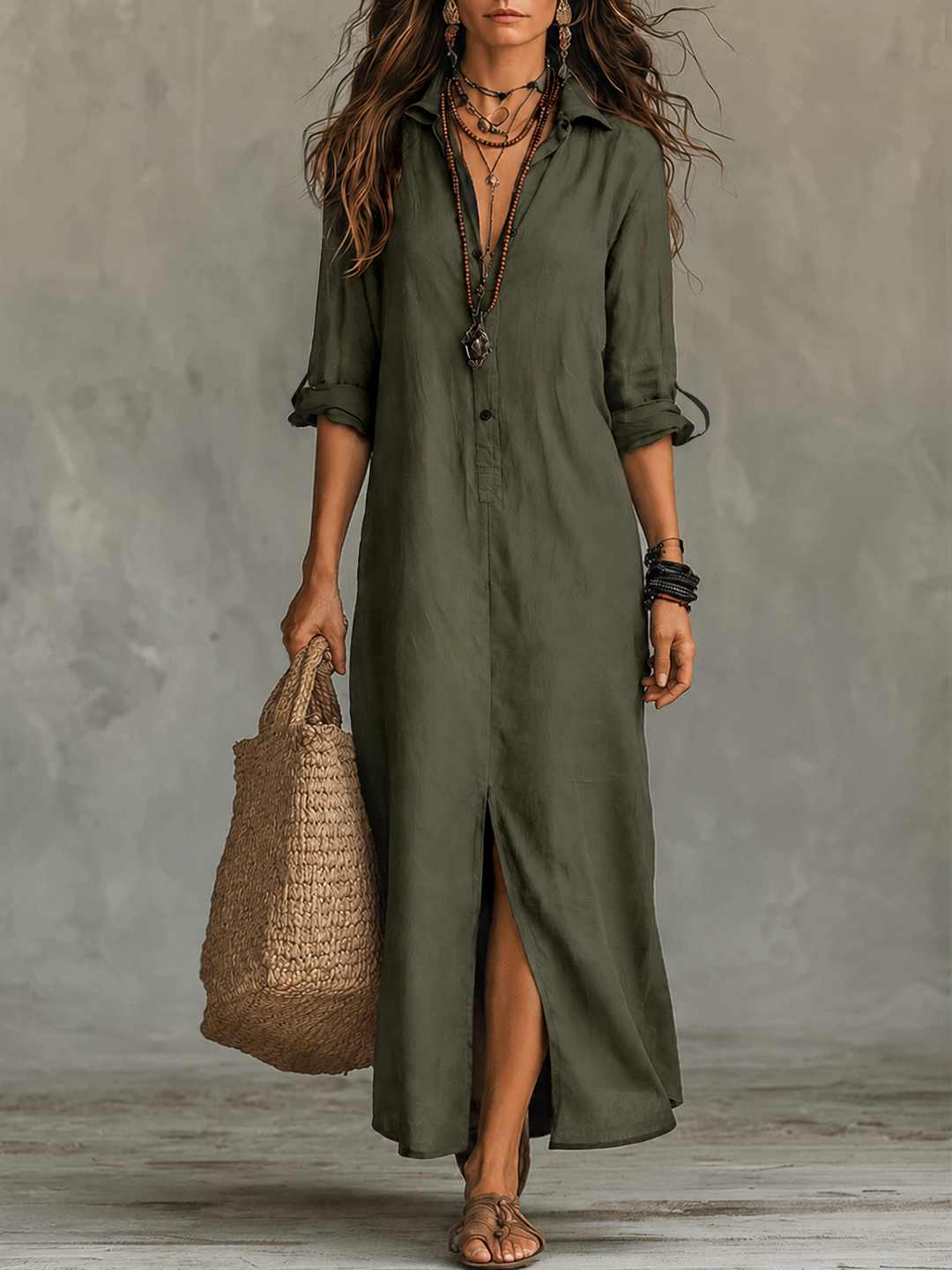 Abito Maxi Bohemien con Bottoni Neri