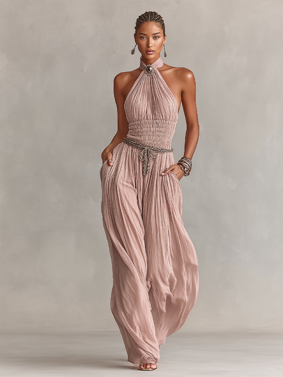 Margaux - Tuta Plissettata Donna in Rosa con Collo Halter & Vita Arricciata