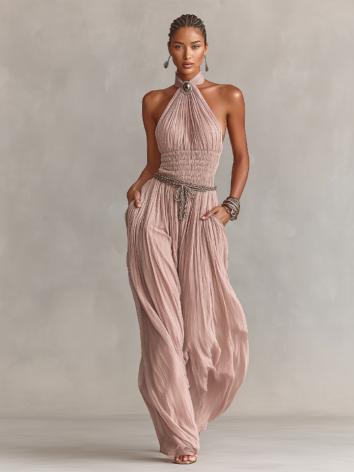 Margaux - Tuta Plissettata Donna in Rosa con Collo Halter & Vita Arricciata