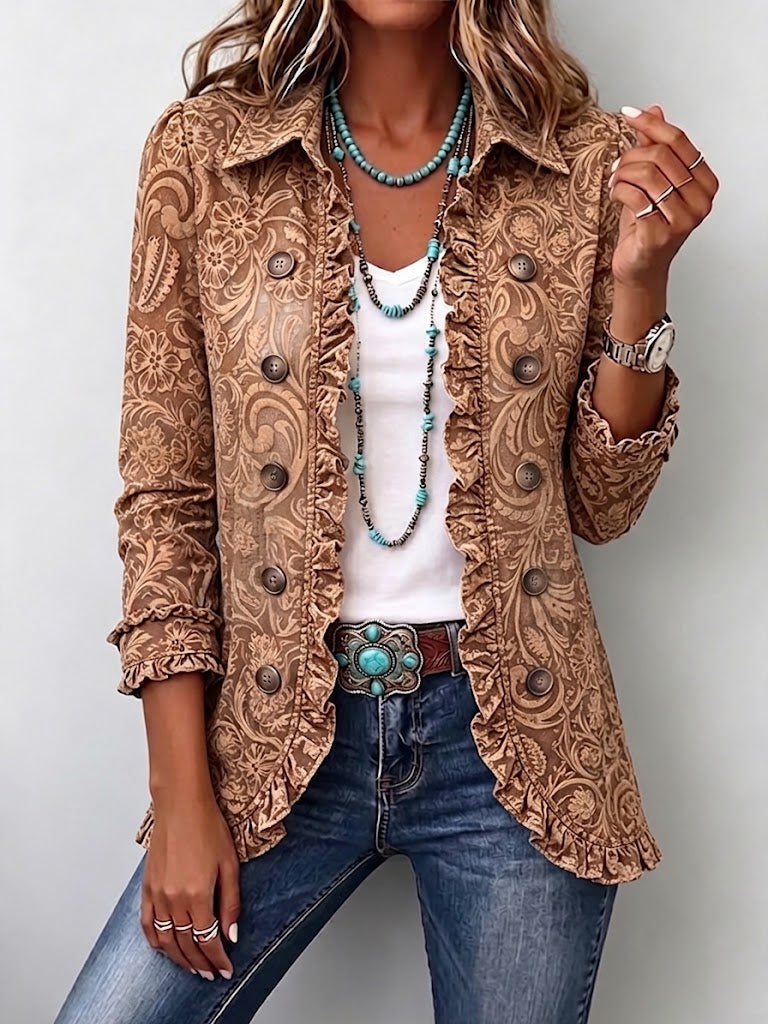 Vyclara | Giacca Ruffle con Stampa Floreale Bohemien Vintage