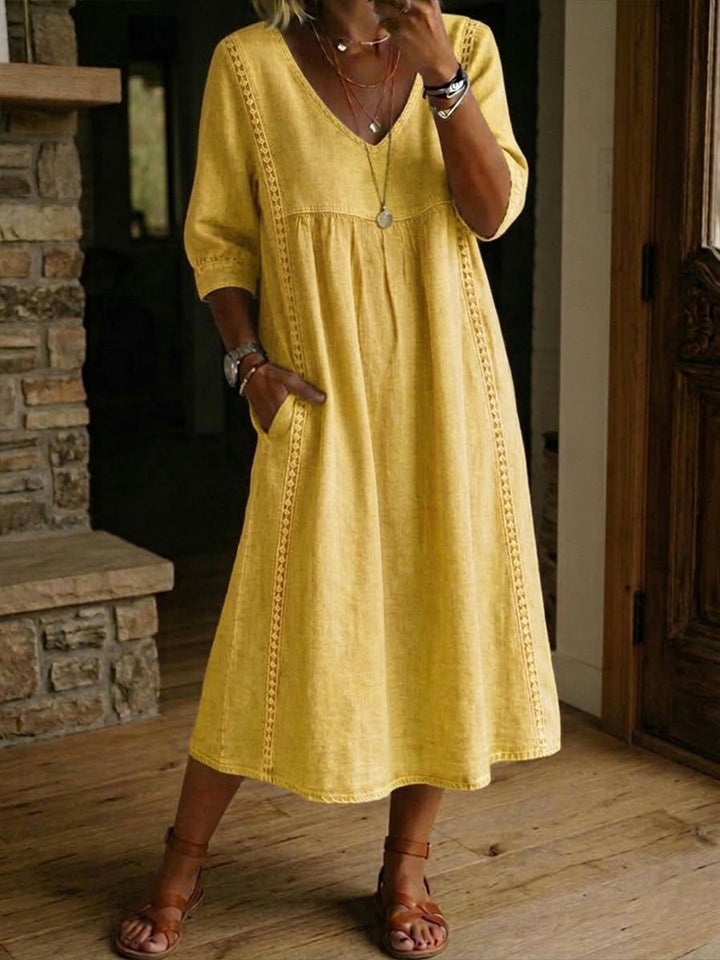 Abito casual in lino e cotone con pizzo e patchwork