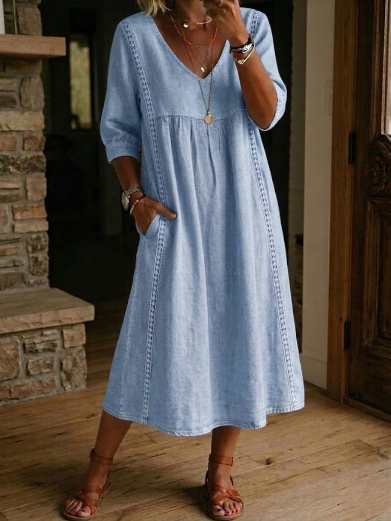 Abito casual in lino e cotone con pizzo e patchwork