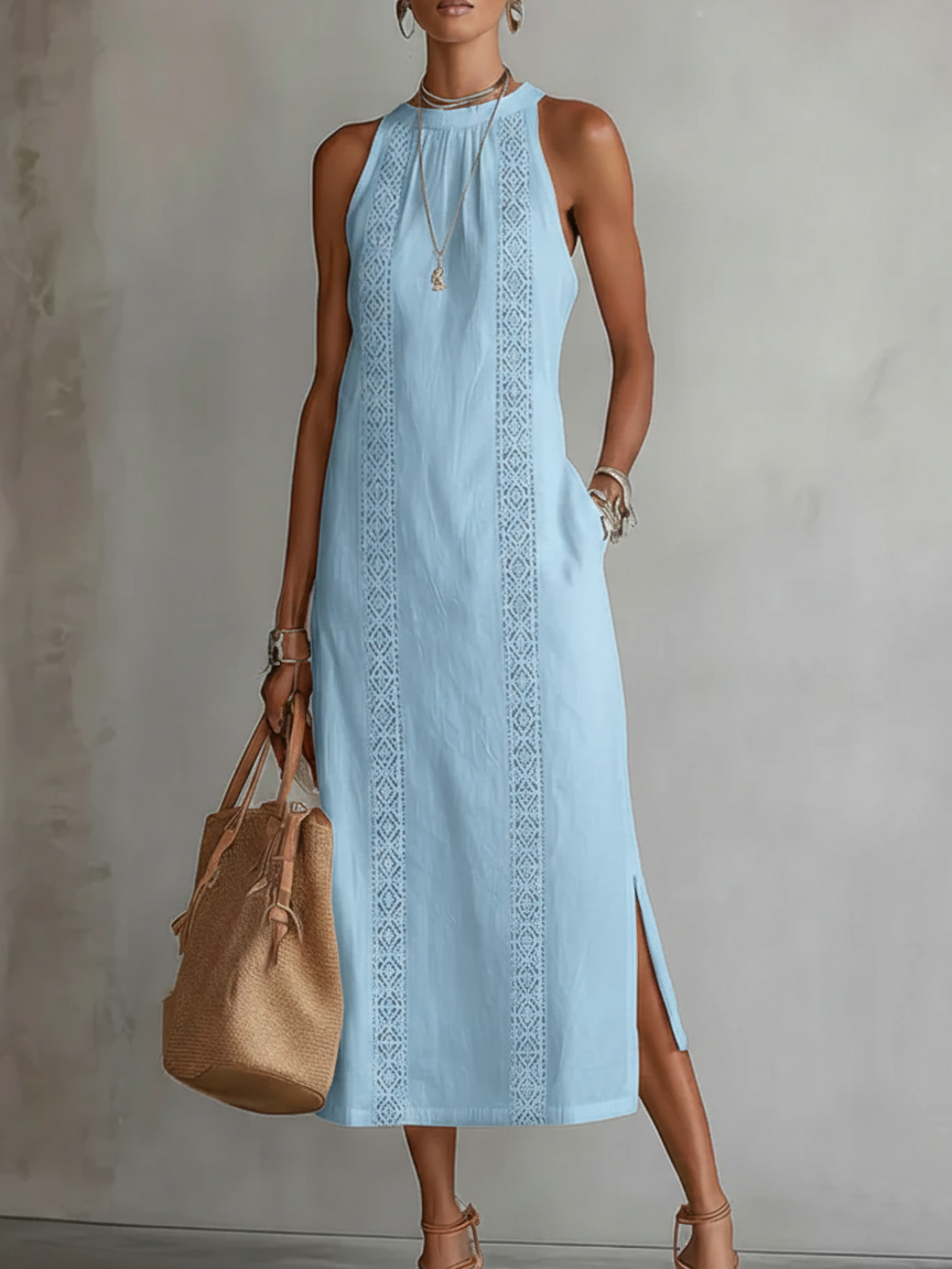 Jimena | Abito midi in lino con collo alla Mao