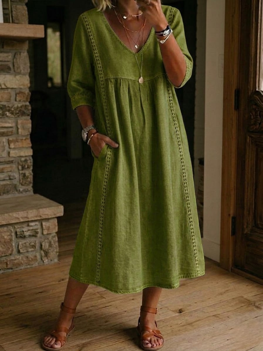 Abito casual in lino e cotone con pizzo e patchwork